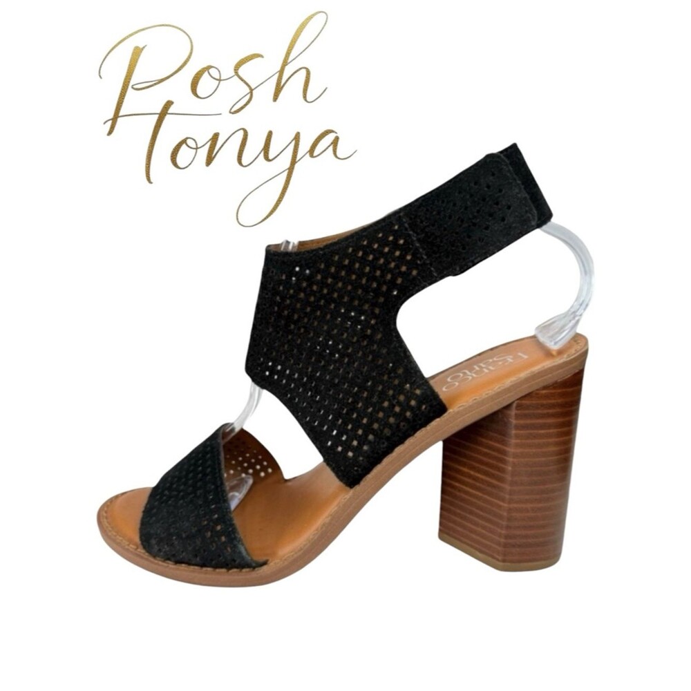 Franco Sarto Delores Block Heel Sandals Perforated Suede Black Size 10 Office
